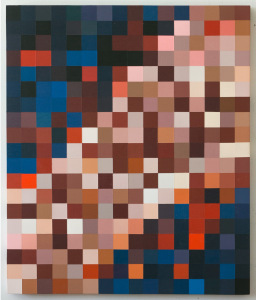 "Orange and Blue Pixels" mixed media on canvas by Sarah Teasdale