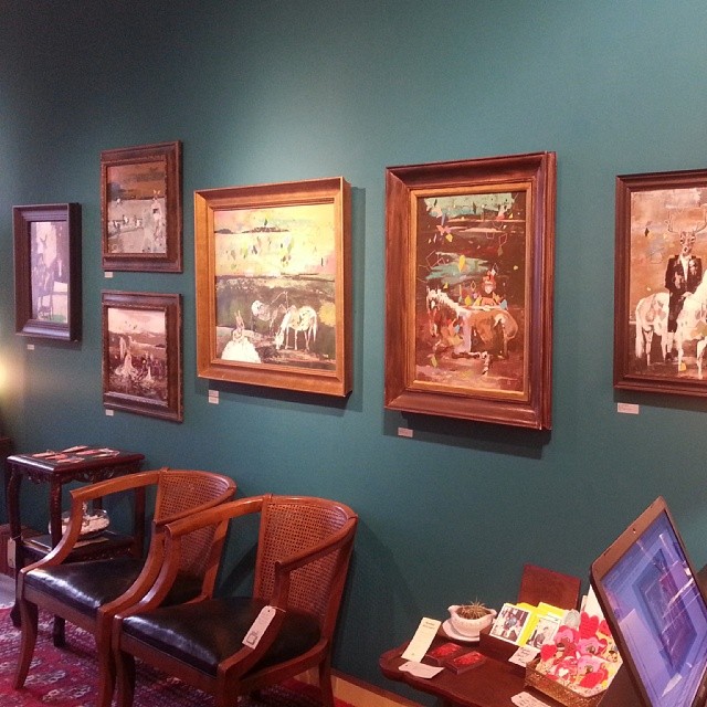 Editing photos today, staying cozy and enjoying our fantastic exhibit by @utgart. Detailed images of the collection will be uploaded by tomorrow to ghost-galleryshop.com under Now on View #paintings #acrylic #vintageframes #carnival #horses #deer #antlers #gilding #geometry #abstract #seattle #seattleartists