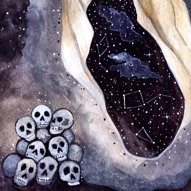@lostteeth In Oblivion (detail) 2014 acrylic on paper 9"x12" Now on View as part of #attheedgeoftheforest! Check the show out online or come by in person before Nov. 10th #october #mixedmedia #stars #bones #skulls #ghosts #paintings #forest #darkart