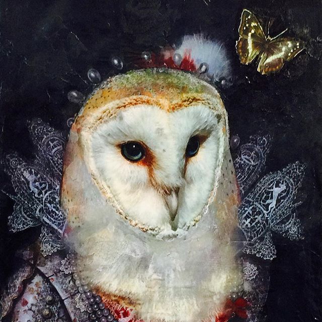 "Sovereign Owl (detail)" by Seattle artist Heather Ann Kelly, #mixedmedia on wood panel, 30"x20" Now on view at @stylusseattle 2321 Second Ave in Belltown! Showing alongside a great selection of giclee prints by local artist Jesse Link. Artist reception this Friday 7-9pm, pieces will also be listed online this week- #owls #elk #butterflies #collage #oilpainting #roses #polarbears #rabbits #protection #gateways #seattle #giclee #femaleartists #offsiteexhibit #belltown