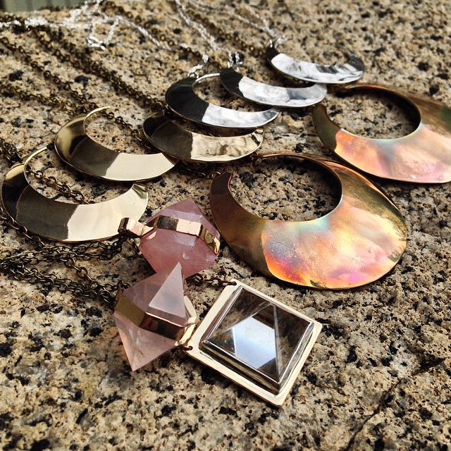 New shimmering pieces from @gatherjewelry are headed our way from San Francisco! #crescentmoon #rosequartz #shields #quartz #pyramids #brass #handmade #shopsmall #october